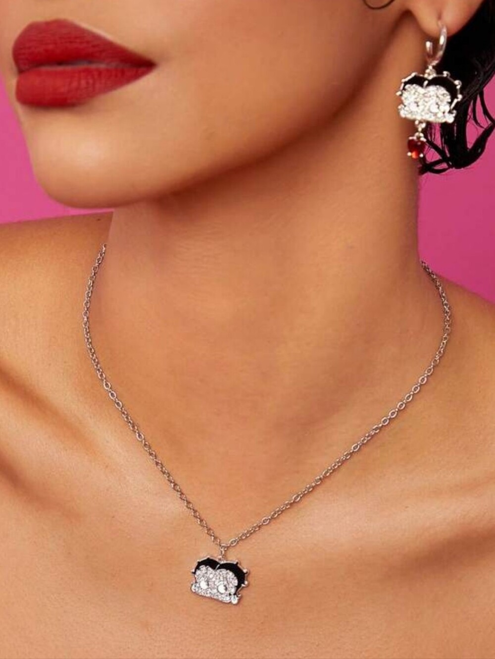 Y2K Retro Betty Boop Rhinestone Enamel Pendant Necklace Silver Tone
